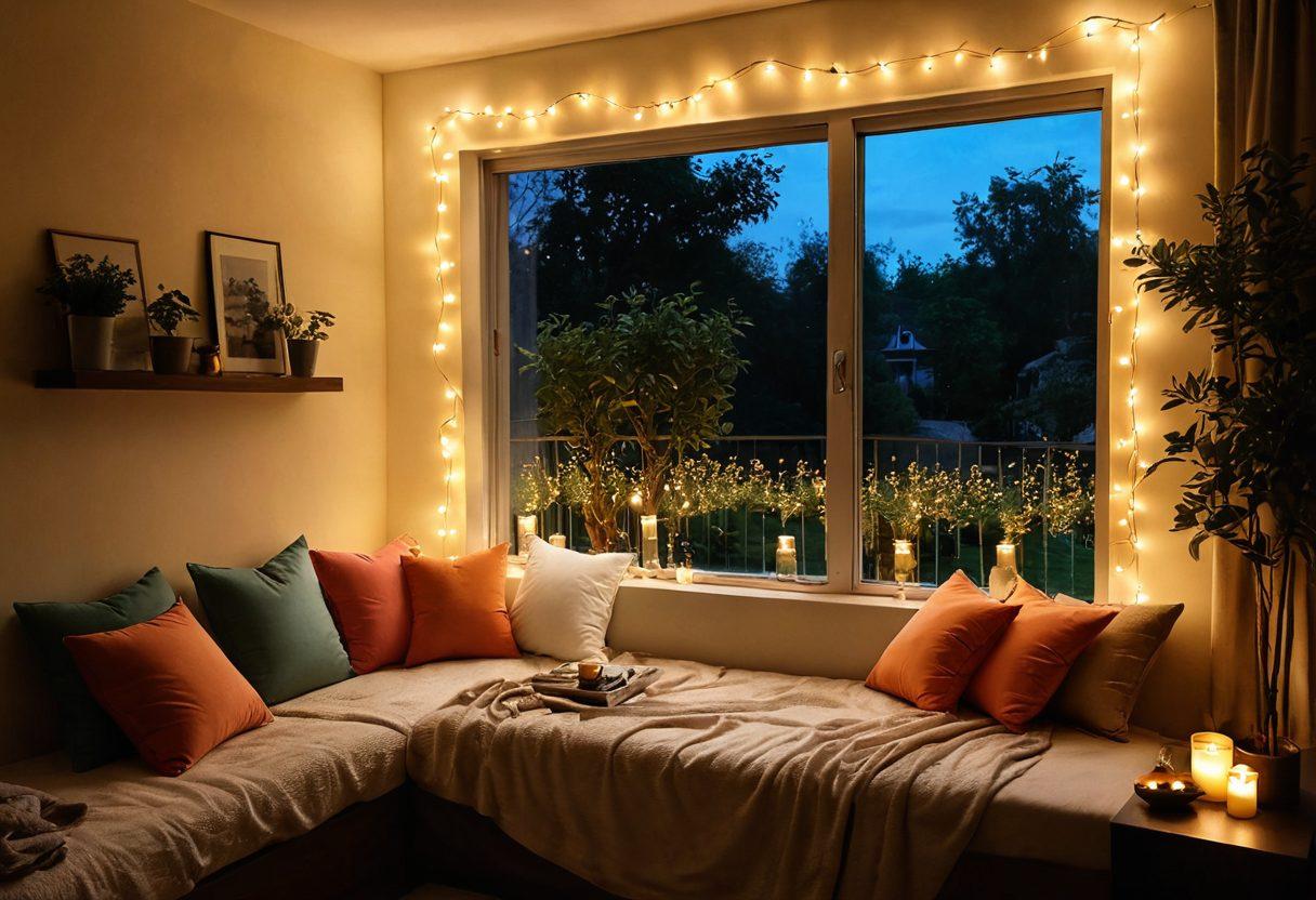 A warm, inviting living space adorned with soft lighting, plush cushions, and romantic decor, featuring a cozy nook with a window view of a picturesque garden. Include a couple sharing a quiet moment, surrounded by elements like candles, flowers, and whimsical fairy lights, evoking a sense of love and intimacy. The setting should feel personal and comforting, representing ultimate cozy living. super-realistic. vibrant colors. intimate atmosphere.