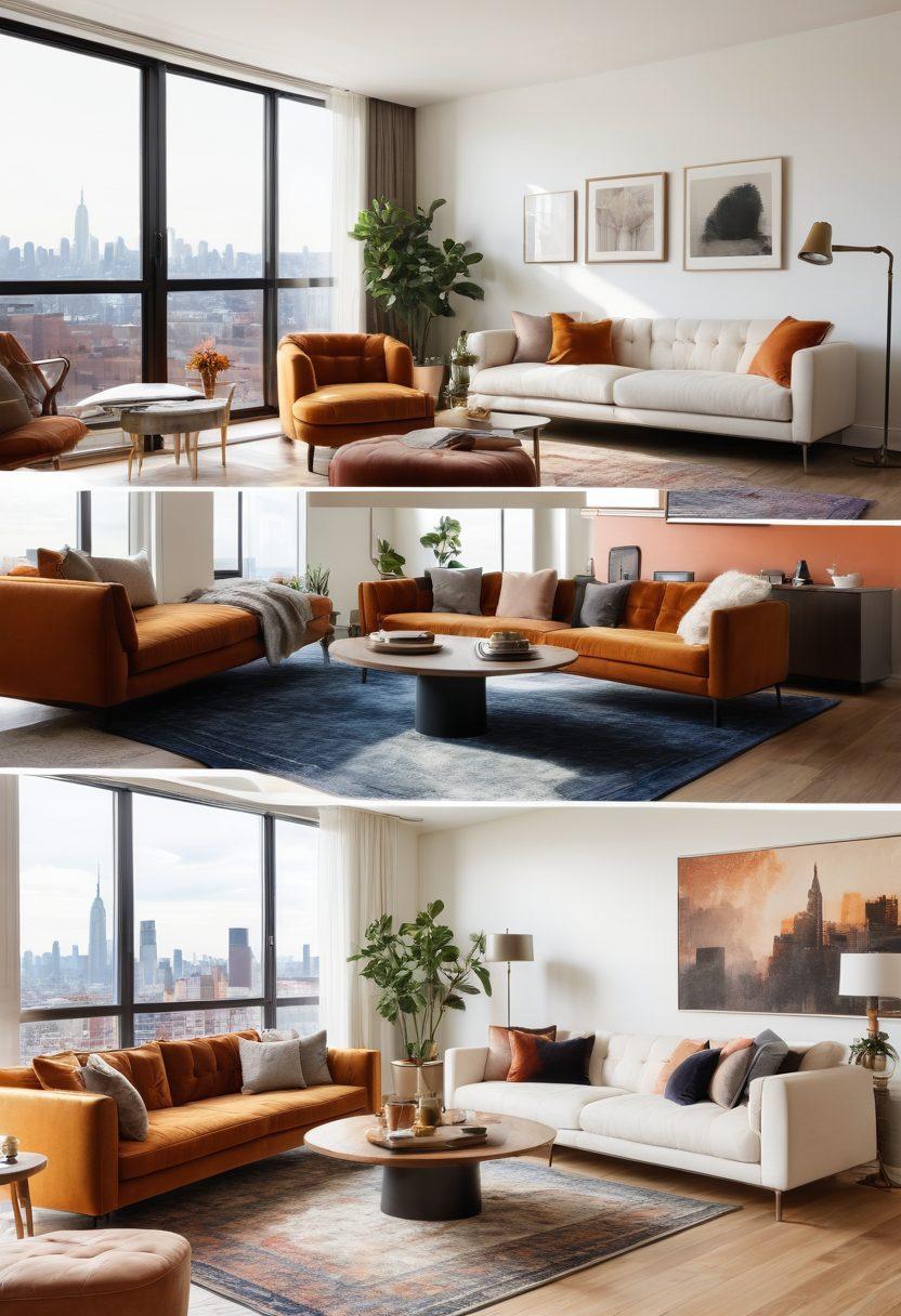 A split scene depicting two contrasting rental living spaces: on one side, a cozy, affordable apartment filled with warm, inviting colors and minimalistic decor, and on the other, a luxurious penthouse with modern furnishings, city skyline views, and elegant touches. Include a couple exploring both options with curious expressions. The setting should convey a sense of choice and the journey of finding the perfect home. super-realistic. vibrant colors. white background.
